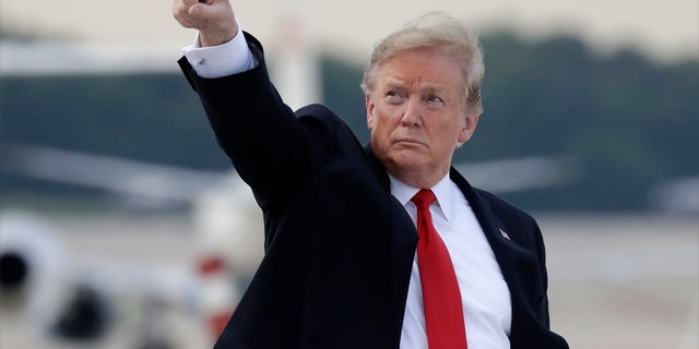 President Donald Trump boards Air Force One for a trip to a Montoursville, Pa., for a campaign rally, Monday, May 20, 2019, at Andrews Air Force Base, Md. (AP Photo/Evan Vucci)