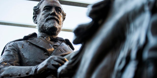 The Lee statue is pictured in storage at the former Naval Air Station Dallas this past December. (Ashley Landis/The Dallas Morning News via AP, File)