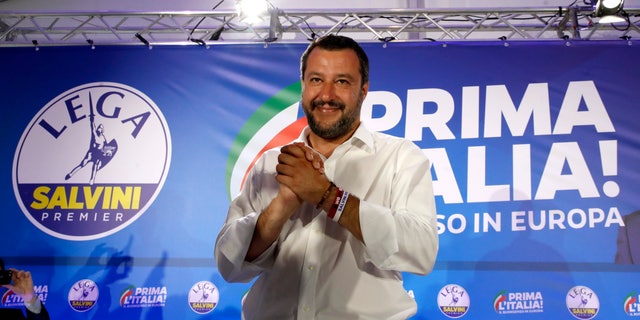 Interior Minister and Deputy Premier Matteo Salvini arrives for a press conference at the League's headquarters, in Milan, Italy, Monday, May 27, 2019. (AP Photo/Antonio Calanni)