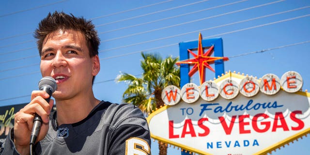 "Jeopardy!" sensation James Holzhauer speaks after being presented with a key to the Las Vegas Strip in front of the "Welcome to Fabulous Las Vegas" sign in Las Vegas. (Associated Press)