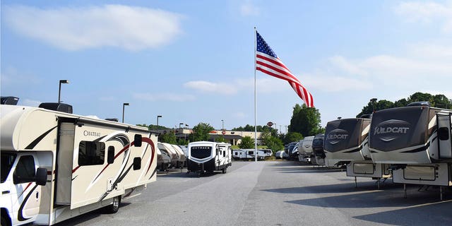 The giant American flag blows at Gander RV, in Statesville, N.C., in an undated photo. (Jennifer Munday/Camping World, AP, File)