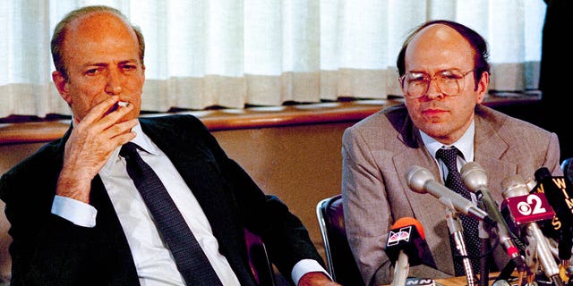 In a file photo of June 11, 1985, Claus von Bulow with lawyer Thomas Puccio at a press conference in the law firms of Strook and Strook and Lavan in New York.