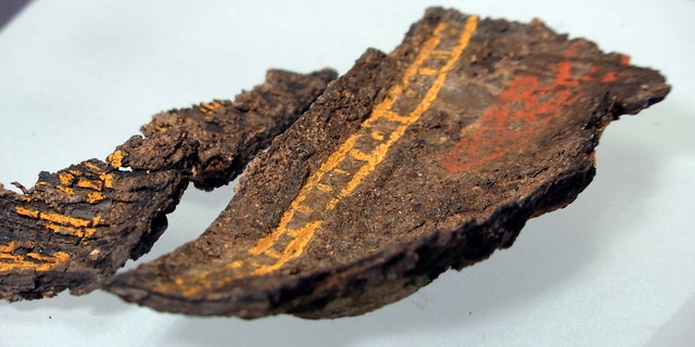 A painted wooden box fragment, claimed to be the only surviving example of early Anglo-Saxon painted woodwork, on display at Southend Central Museum in Southend, England, Thursday, May 8, 2019. 