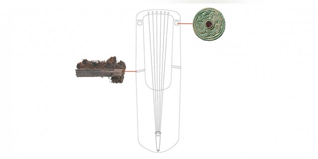 A reconstruction drawing of the Anglo-Saxon lyre featuring the delicate repair work and garnet fittings. (MOLA)