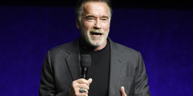 FILE - In this Thursday, April 4, 2019 file photo, Arnold Schwarzenegger, a cast member in the upcoming film "Terminator: Dark Fate," discusses the film during the Paramount Pictures presentation at CinemaCon 2019, the official convention of the National Association of Theatre Owners (NATO) at Caesars Palace, in Las Vegas.(Photo by Chris Pizzello/Invision/AP, File)