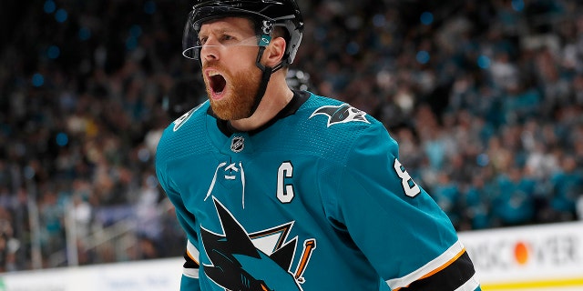 San Jose Sharks center Joe Pavelski (8) celebrates after scoring a goal against the Colorado Avalanche during the first period of Game 7 of an NHL hockey second-round playoff series in San Jose, Calif., on Wednesday. (Associated Press)