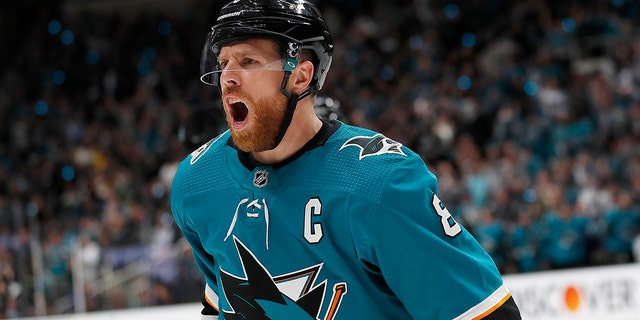 San Jose Sharks core Joe Pavelski (8) celebrates after scoring a idea opposite a Colorado Avalanche during a initial duration of Game 7 of an NHL hockey second-round playoff array in San Jose, Calif., on Wednesday. (Associated Press)