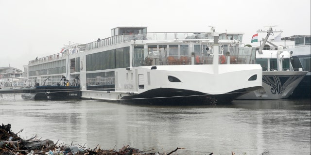 The Viking Sigyn hotel ship is moored following a collision with a sightseeing boat in Budapest, Hungary, Thursday, May 30, 2019. (AP Photo/Laszlo Balogh)