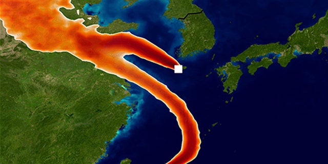 Simulation of atmospheric transport of CFC-11 to Gosan and Hateruma monitoring sites using the Met Office NAME model. The colors indicate areas where emission sources would have a significant impact on CFC-11 measurements for one day in December 2014. This model information was used to infer an increase in emissions from the east. of China from 2013. (Source: University of Bristol)
