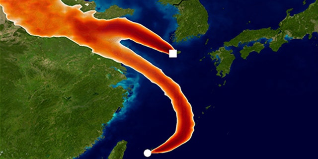 Simulated atmospheric transport of CFC-11 to the Gosan and Hateruma monitoring sites using the Met Office NAME model. The colours show areas where emission sources would strongly impact the CFC-11 measurements for one day in December 2014. This model information has been used to infer a rise in emissions from eastern China, starting around 2013. (Credit: University of Bristol)
