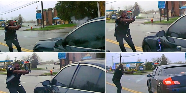 This sequential combination of images from police dash camera shows, from top left, Police Officer Layau Eulizier pointing his weapon at a car being driven at him by Anthony Jose Vega Cruz during an attempted traffic stop on April 20 in Wethersfield, Conn.