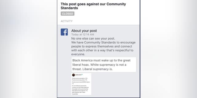 Facebook temporarily suspended â then restored -- conservative commentator Candace Owensâs account this week after she posted about the âliberal supremacyâ threat to black Americans.Â 