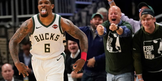 The Milwaukee Bucks' Eric Bledsoe reacts to a basket during the second half of Game 5 of a second-round NBA basketball playoff series against the Boston Celtics on Wednesday in Milwaukee. The Bucks won 116-91 to win the series. (Associated Press)