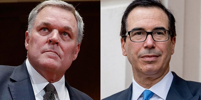 IRS Commissioner Charles Rettig, left, and Treasury Secretary Steven Mnuchin, right, are under fire from Democrats for blocking requests for President Trump's tax returns.