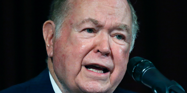 FILE - In this Sept. 20, 2017, file photo, University of Oklahoma President David Boren, a former Democratic governor and U.S. senator, speaks at a news conference in Norman, Okla. Boren has asked for an opportunity to personally address the university's regents about allegations of sexual misconduct made against him. (AP Photo/Sue Ogrocki, File)