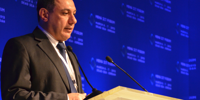 FILE - This March 6, 2013, file image provided by the Friends of Nizar Zakka, shows Nizar Zakka, a Lebanese technology expert and advocate for Internet freedom, delivering a speech during the MENA ICT Forum conference in Jordan. Lebanon is calling on Iran to use the upcoming holy month of Ramadan to grant an amnesty to the Lebanese citizen who also has U.S. residency imprisoned there for more than three years. (Courtesy of Friends of Nizar Zakka group via AP, File)