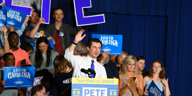 Democratic presidential contender Pete Buttigieg holds a town hall in North Charleston, South Carolina, on Sunday, May 5, 2019. Buttigieg says he's focusing on outreach to minorities, who make up most of the Democratic primary electorate in this early-voting state. (AP Photo/Meg Kinnard)