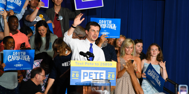 Democratic presidential contender Pete Buttigieg holds a town hall in North Charleston, South Carolina, on Sunday, May 5, 2019. Buttigieg says he's focusing on outreach to minorities, who make up most of the Democratic primary electorate in this early-voting state. (AP Photo/Meg Kinnard)