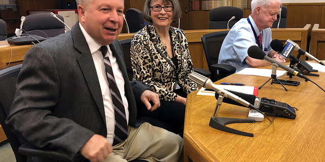 FILE - In this Jan. 18, 2019 file photo, Oregon Senate Republican Leader Herman Baertschiger, Jr., left, Senate Democratic Leader Ginny Burdick and Senate President Peter Courtney speak to the media at the State Capitol in Salem, Ore. Baertschiger told reporters Monday, May 6, 2019 that Senate Republicans in Oregon have fled Salem to avoid a Tuesday vote on a $1 billion per-year funding package for schools. They oppose the proposed half a percent tax on businesses with sales over $1 million. (AP Photo/Andrew Selsky, File)