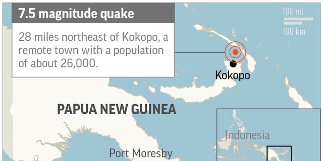 Map locates magnitude-7.5 quake in Papua New Guinea; 2c x 2 1/4 inches; 96.3 mm x 57 mm;