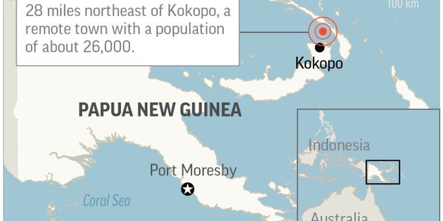 Map locates magnitude-7.5 quake in Papua New Guinea; 2c x 2 1/4 inches; 96.3 mm x 57 mm;