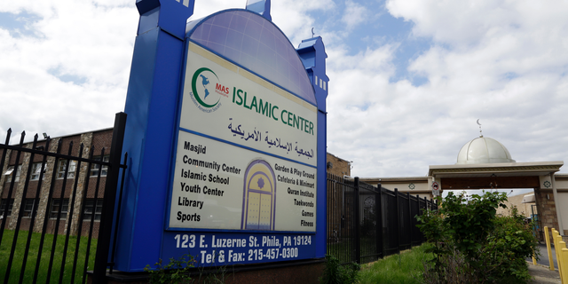 The main entrance of the Muslim American Society (MAS) Islamic Center is seen Monday, May 6, 2019, in Philadelphia. The Philadelphia Commission on Human Relations said it is investigating an event in April at the Muslim American Society's Philadelphia chapter, in which Muslim children were captured on video speaking in Arabic about beheadings and the liberation of Jerusalem's most sensitive holy site. (AP Photo/Jacqueline Larma)