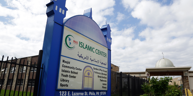 The main entrance of the Muslim American Society (MAS) Islamic Center is seen Monday, May 6, 2019, in Philadelphia. The Philadelphia Commission on Human Relations said it is investigating an event in April at the Muslim American Society's Philadelphia chapter, in which Muslim children were captured on video speaking in Arabic about beheadings and the liberation of Jerusalem's most sensitive holy site. (AP Photo/Jacqueline Larma)