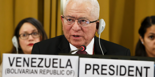 Venezuela's Ambassador Jorge Valero, President of the Conference on Disarmament, delivers a speech, during the Conference on Disarmament, at the European headquarters of the United Nations in Geneva, Switzerland, Tuesday, May 28, 2019. (Salvatore Di Nolfi/Keystone via AP)