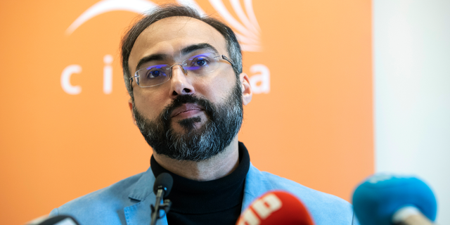 Arab pro-democracy activist Iyad el-Baghdadi attends press conference in Oslo, Monday, May 13, 2019. An Arab activist living in Norway said Monday he's been given protection by two different Norwegian entities after the CIA informed officials of an unspecified threat against him, which he said is likely linked to his research on Saudi Arabia. Iyad el-Baghdadi is an outspoken commentator on Arab affairs on Twitter, where he has over 130,000 follower. (Ryan Kelly/NTB Scanpix via AP)
