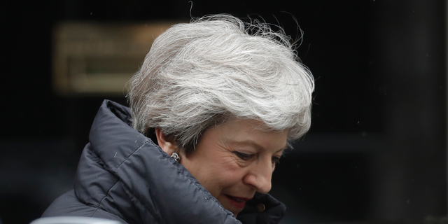 British Prime Minister Theresa May leaves 10 Downing Street in London, to attend Prime Minister's Questions at the Houses of Parliament, Wednesday, May 8, 2019. (AP Photo/Matt Dunham)
