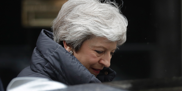 British Prime Minister Theresa May leaves 10 Downing Street in London, to attend Prime Minister's Questions at the Houses of Parliament, Wednesday, May 8, 2019. (AP Photo/Matt Dunham)