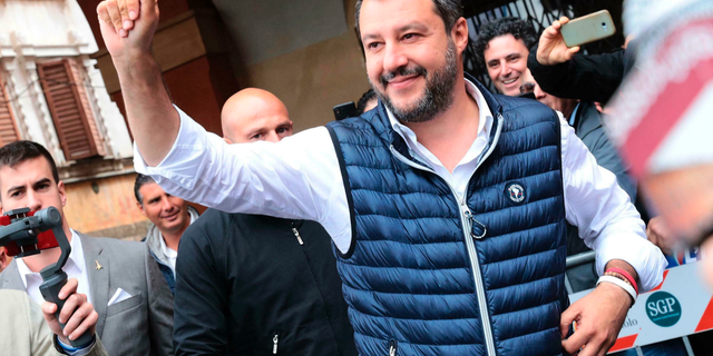 Italian Deputy Premier and Interior Minister, Matteo Salvini, attends an election campaign rally in Sassuolo, Italy, Sunday, May 19, 2019. Salvini, the head of Italy's right-wing League party, has positioned himself at the forefront of a growing movement of nationalist leaders seeking to free the European Union's 28 nations from what he called Brussels' "illegal occupation". (Serena Campanini/ANSA via AP)