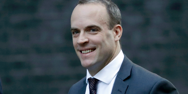FILE - In this Tuesday, Nov. 13, 2018 file photo, Britain's Secretary of State for Exiting the European Union Dominic Raab arrives for a cabinet meeting at 10 Downing Street in London. Prime Minister Theresa May’s announcement that she will leave 10 Downing Street has set off a fierce competition to succeed her as Conservative Party leader and as the next prime minister.