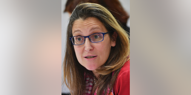 Canada's Foreign Minister Chrystia Freeland speaks during a bilateral meeting with US Secretary of State Mike Pompeo at the Lappi Areena, Tuesday, May 7, 2019, in Rovaniemi, Finland. (Mandel Ngan/Pool Photo via AP)