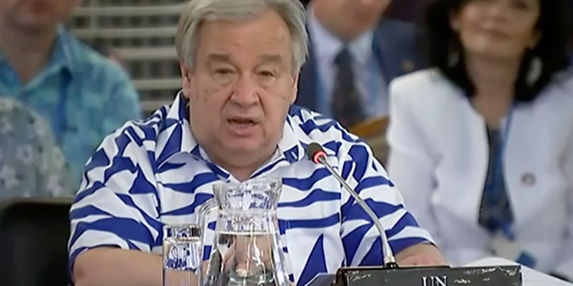 In this image made from video, United Nations Secretary-General Antonio Guterres addresses the Pacific Islands Forum, Wednesday, May 15, 2019, in Suva, Fiji. Guterres says he’s traveling to three South Pacific island nations to see the effects of climate change firsthand. Speaking in Fiji at a meeting with officials from the Pacific Islands Forum, the U.N. leader says he wants to learn about the work being undertaken by island communities to bolster resilience. (Fiji Broadcasting via AP)