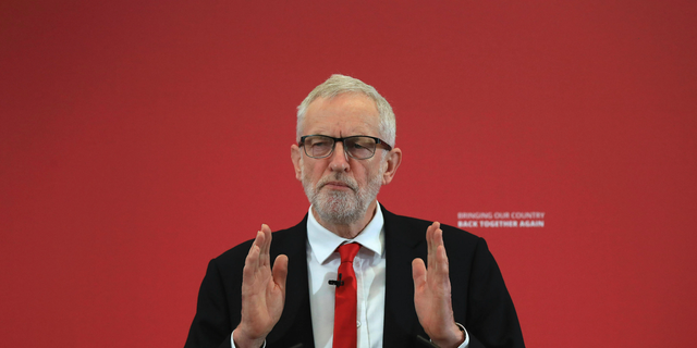 Britain's Labour Party leader Jeremy Corbyn launches his party's European election campaign at the University of Kent in Chatham, Thursday May 9, 2019. (Gareth Fuller/PA via AP)
