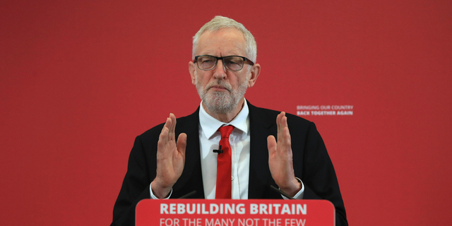 Britain's Labour Party leader Jeremy Corbyn launches his party's European election campaign at the University of Kent in Chatham, Thursday May 9, 2019. (Gareth Fuller/PA via AP)