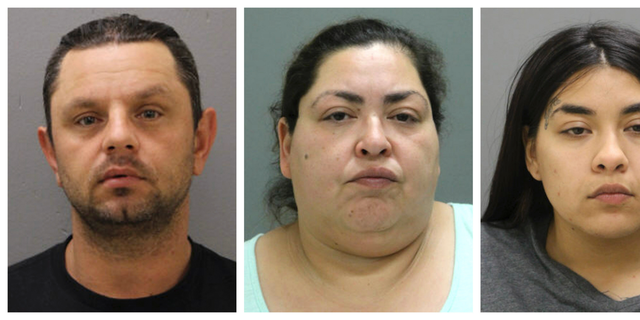 Mugshots for, from left to right, Piotr Bobak, 40; Clarisa Figueroa, 46 years old; and Désirée Figueroa, 24 years old. They were arrested after the death of 19-year-old Marlen Ochoa-Lopez, who, according to the police, was strangled and her baby was cut off from her body. (Chicago Police Department via AP)