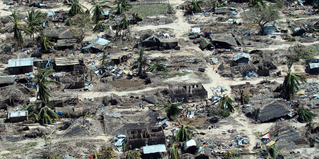 An aerial shot shows widespread destruction caused by Cyclone Kenneth when it struck Ibo island north of Pemba city in Mozambique, May, 1, 2019.  (AP Photo/Tsvangirayi Mukwazhi)