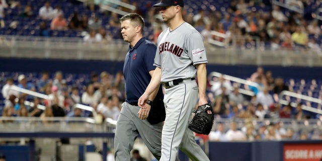 Two-time Cy Young Award-winning pitcher Corey Kluber broke his right forearm Wednesday night after he was struck by Miami Marlins’ Brian Anderson’s liner in the fifth inning.