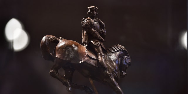 File photo - The sculpture "Horse and Rider" by Italian artist Leonardo da Vinci is pictured during a press preview of the exhibition "Leonardo the sculptor: Horse and Rider" at the Palazzo delle Stelline (French Institut) in Milan on Nov. 24, 2016.