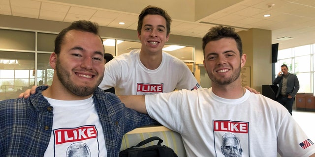 Taylor University students Sam Bartu, 20, David Muselman, 20, and Billy Potter, 19. Muselman, in the middle, started the "I Like Mike" campaign to show the majority of Taylor supports Vice President Mike Pence.