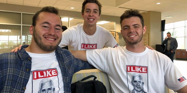 Taylor University students Sam Bartu, 20, David Muselman, 20, and Billy Potter, 19. Muselman, in the middle, started the "I Like Mike" campaign to show the majority of Taylor supports Vice President Mike Pence.