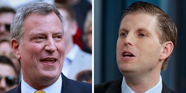 Eric Trump and Democratic New York City Mayor Bill de Blasio had a nasty spat on Twitter following the mayor's Green New Deal rally he held in the lobby of Trump Tower. (Reuters/AP)
