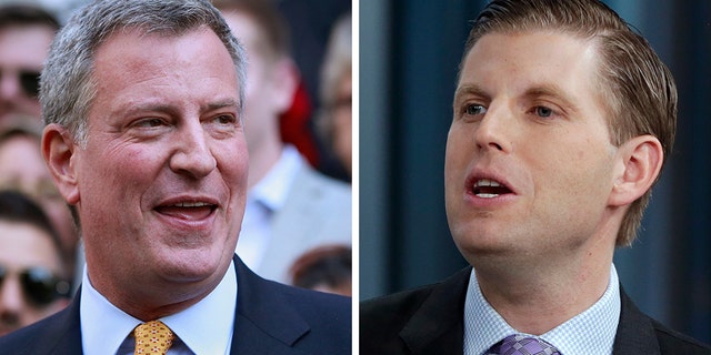 Eric Trump and Democratic New York City Mayor Bill de Blasio had a nasty spat on Twitter following the mayor's Green New Deal rally he held in the lobby of Trump Tower. (Reuters/AP)