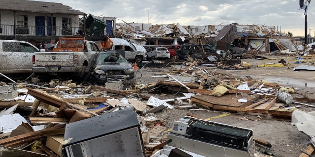 Damage from a tornado is seen in El Reno, Oklahoma on Sunday.