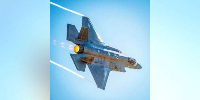 A F-35 fighter plane takes flight.