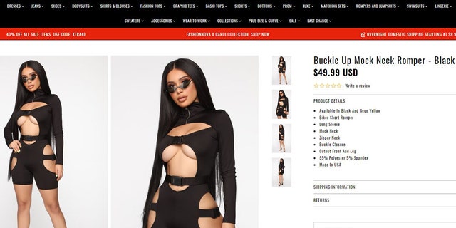 Along with a buckle-up waistband and bra, this extremely revealing jumpsuit even has random cut-outs on the thighs and stomach.