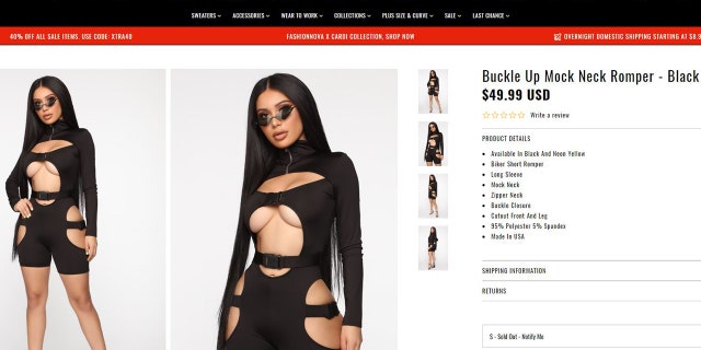Along with a buckle-up waistband and bra, this extremely revealing jumpsuit even has random cut-outs on the thighs and stomach.
