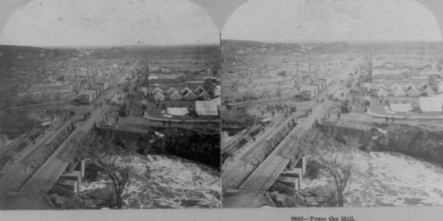 Damage can be seen after a tornado destroyed New Richmond, Wisconsin on June 12, 1899.